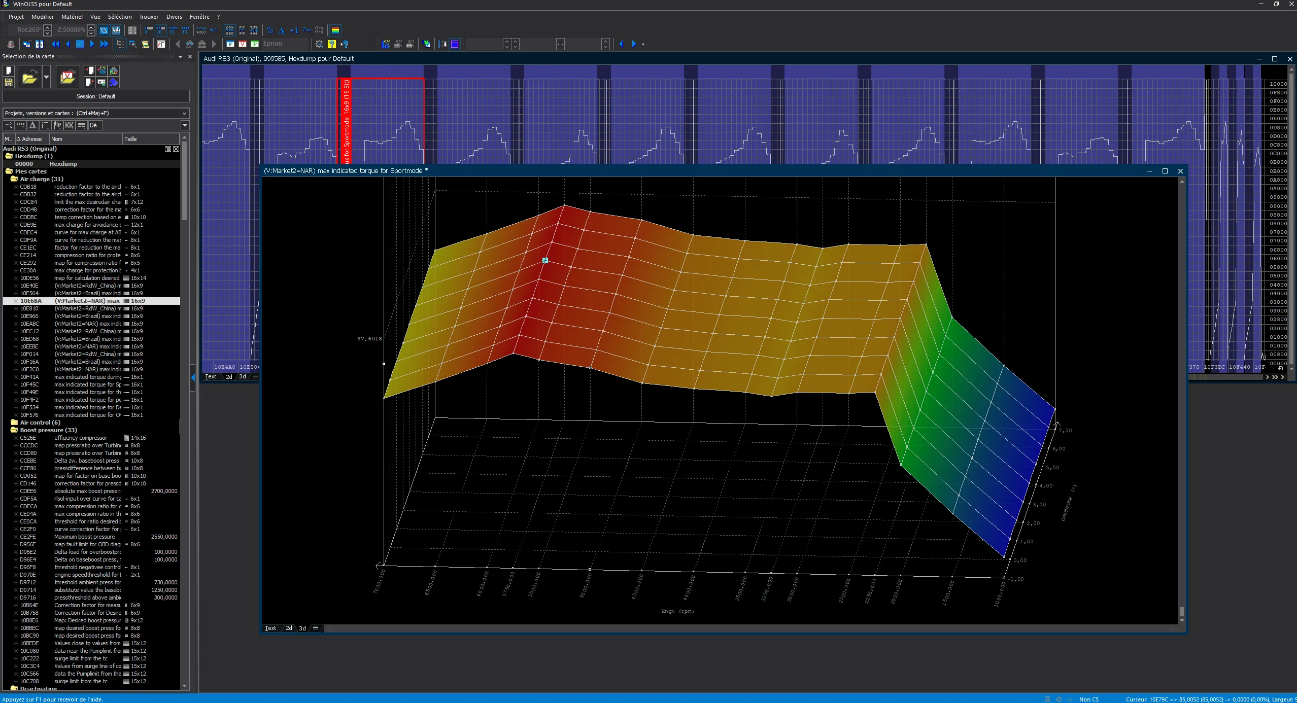 Capture WinOLS : carte « max indicated torque for Sportmode » d’une Audi RS3 8Y affichée en 3D, avec la liste des cartes du calculateur à gauche.